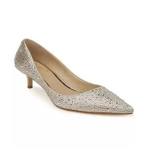 NEW Jewel Embellished Satin Pointed Toe Kitten Heels Silver Pumps Size 6.5